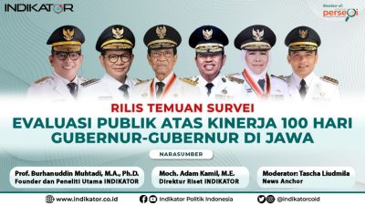 Flyer Indikator Politik Indonesia, survei terkait tingkat kepuasan masyarakat terhadap kinerja enam gubernur di Pulau Jawa