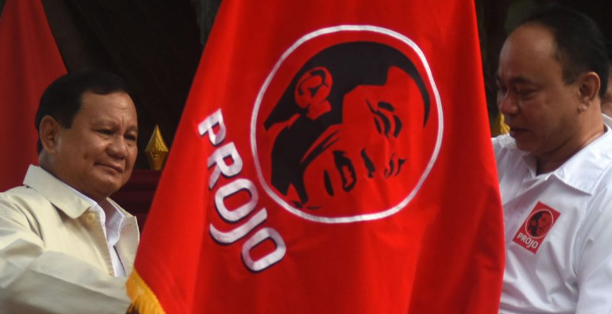 Dokumentasi foto Ketua DPP Projo Budi Arie Setiadi (kanan) menyerahkan bendera relawan Projo kepada Ketua Umum Partai Gerindra Prabowo Subianto (kiri) pada acara deklarasi dukungan di kediaman Prabowo. (2023)